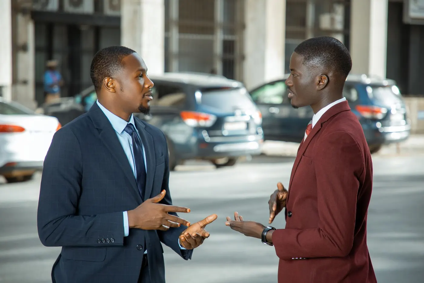 Two business professionals discussing a consulting engagement